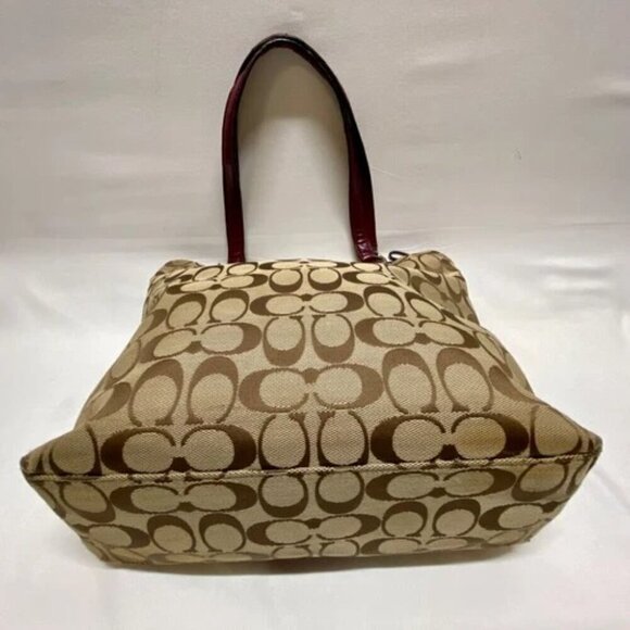 Coach Signature Stripe Shoulder Bag F28504 Patent Leather Trim Tan Raspberry GUC - Picture 9 of 16